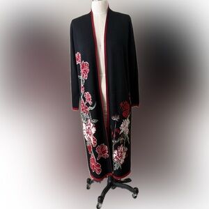 Badgley Mischka Floral Embroidered Black Long Coat